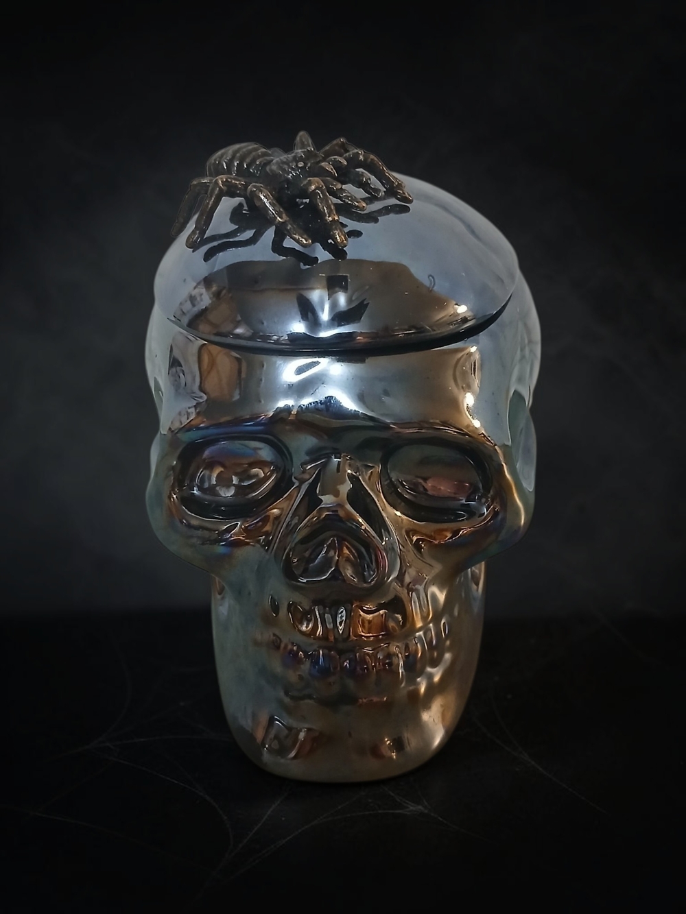 Reflective Silver Skull Jar with Spider Accent